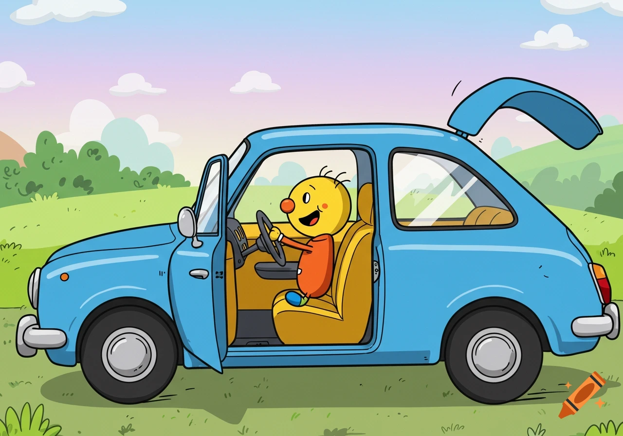 A cartoon character with a yellow head drives a blue car with the door open on a sunny day.