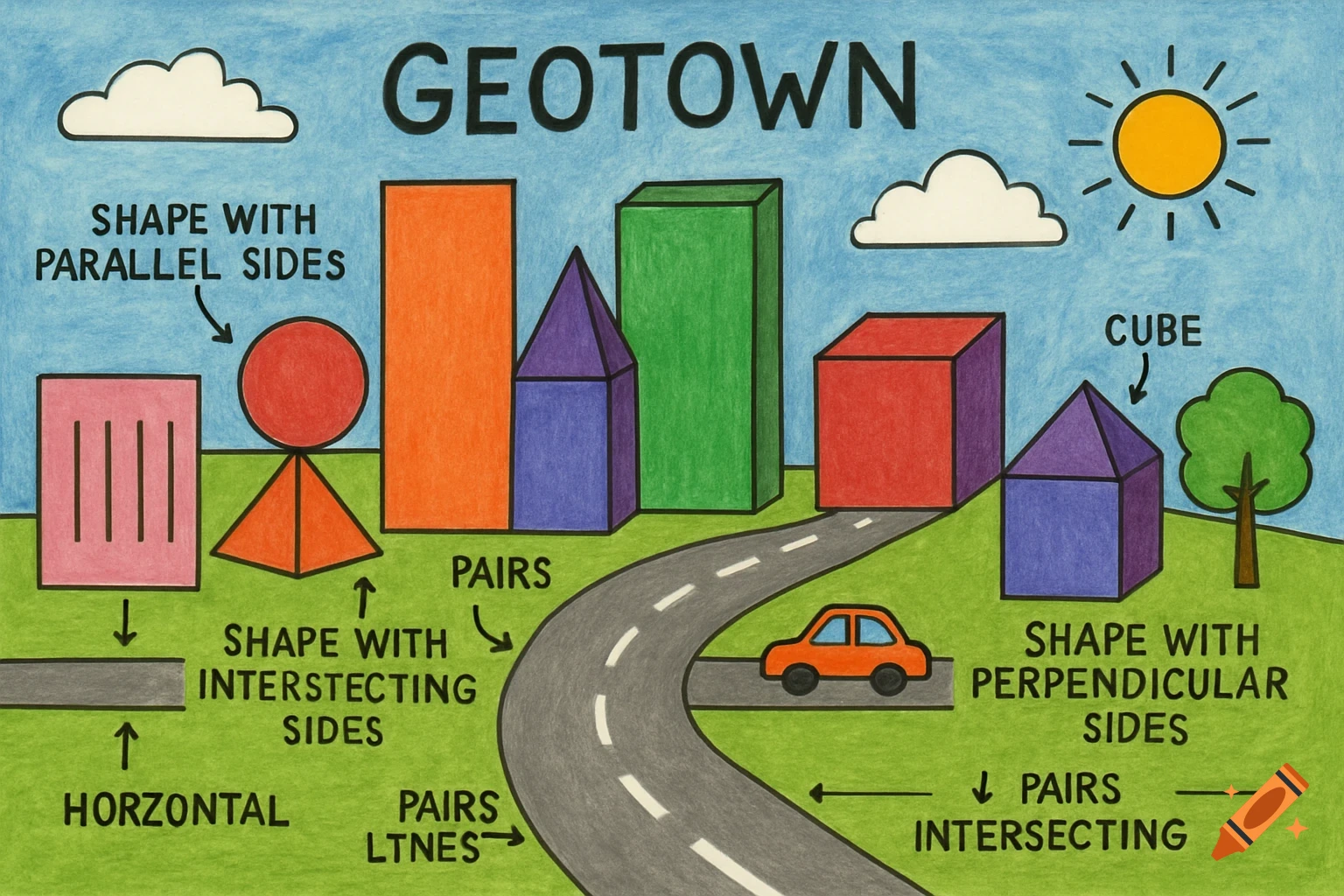Colorful hand-drawn illustration of Geotown with buildings made of geometric shapes and labels for lines and shapes.
