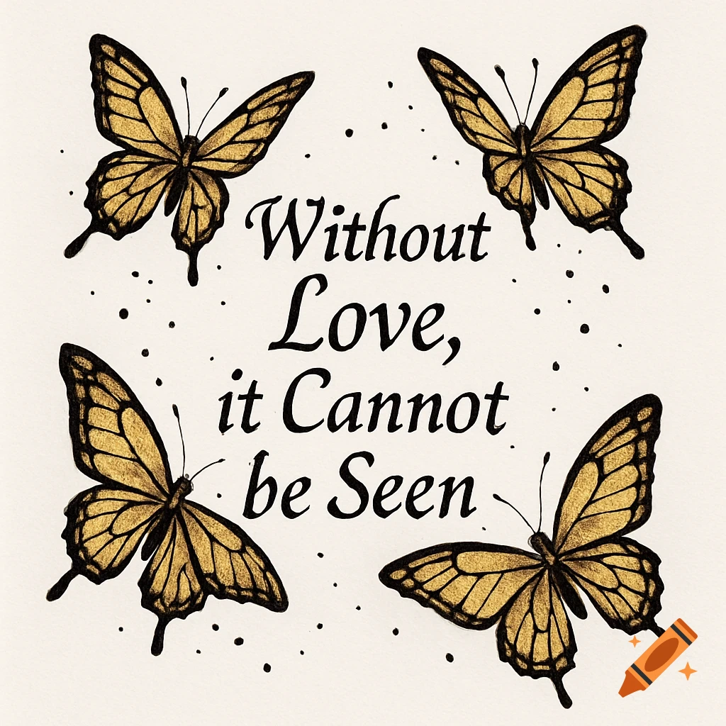 Four golden butterflies surrounding the quote 'Without Love, it Cannot be Seen'.