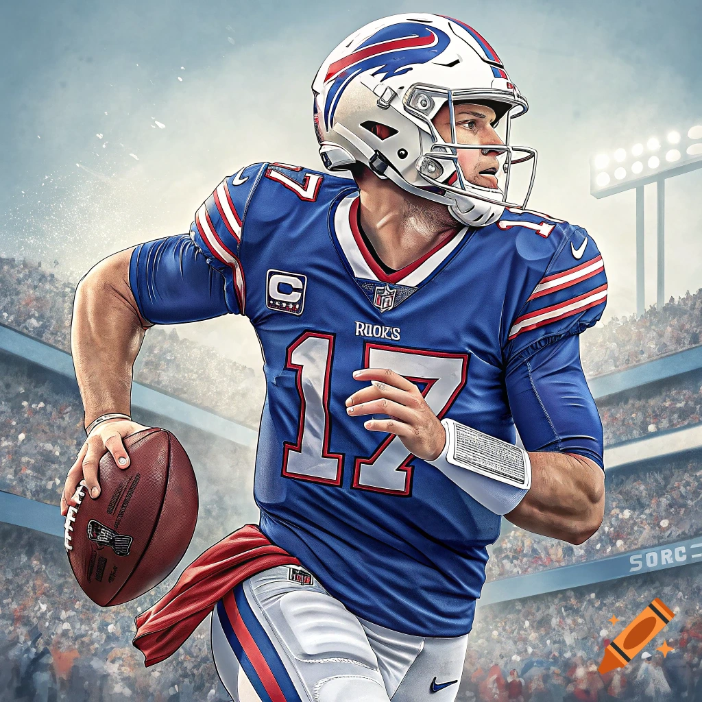 Josh Allen in a blue Buffalo Bills jersey with number 17 runs with a football in a stadium.