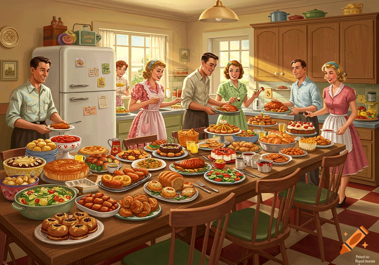 Retro illustration of a family in a kitchen with a table full of food.
