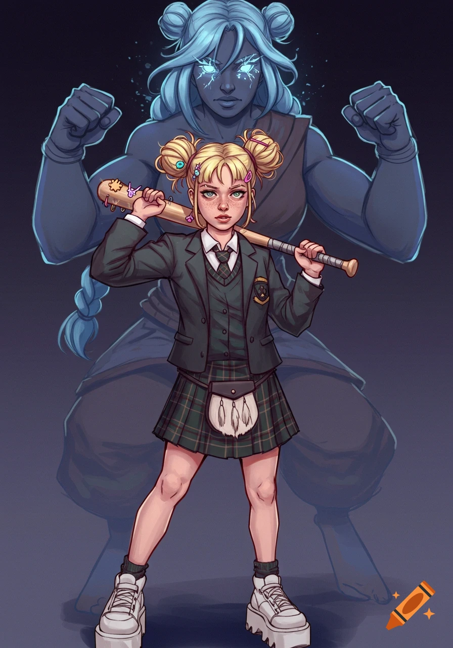 A teenager in a Scottish school uniform holds a baseball bat, standing in front of a shadowy female monk figure.