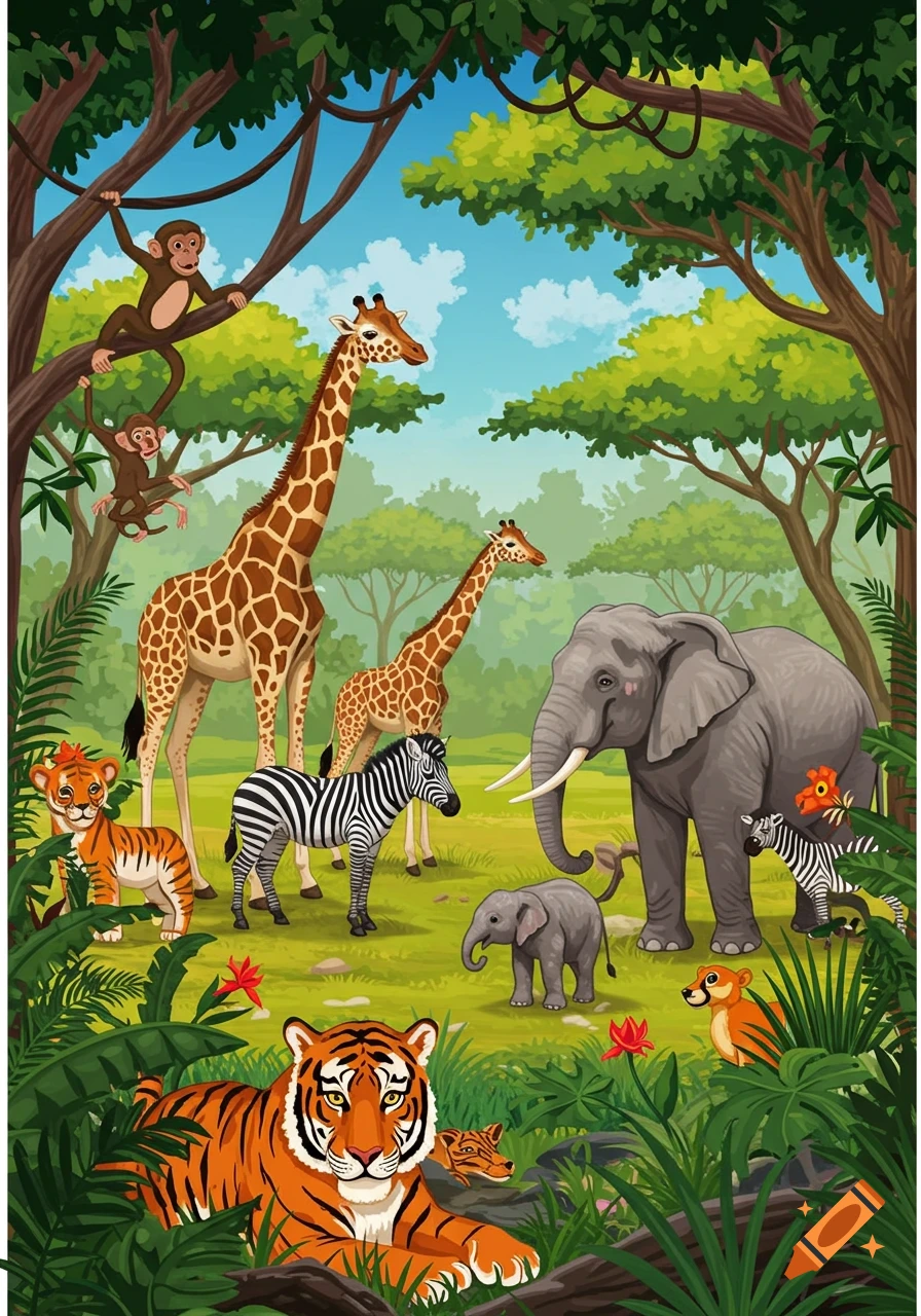 Cartoon illustration of various animals including giraffes, elephants, zebras, monkeys, and tigers in a lush jungle setting.