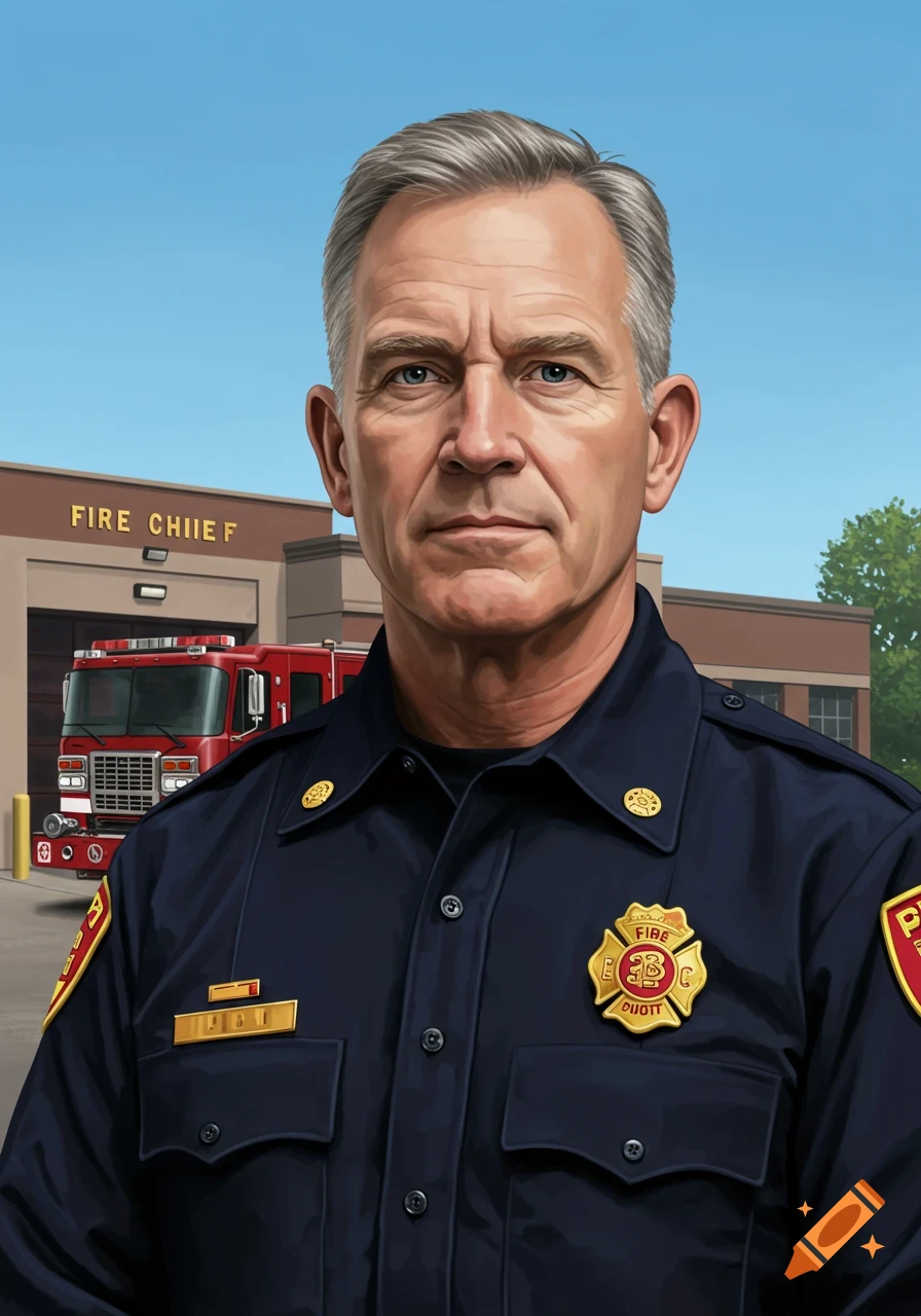 Portrait of a fire chief in uniform standing in front of a fire station and fire truck.