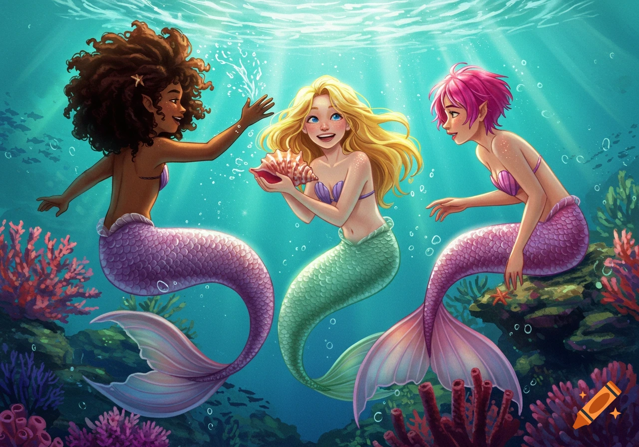 Three diverse mermaids swimming underwater among coral reefs, in a digital illustration style.