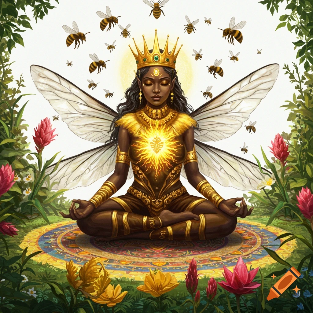 Fantasy queen bee goddess meditating in a garden surrounded by bees
