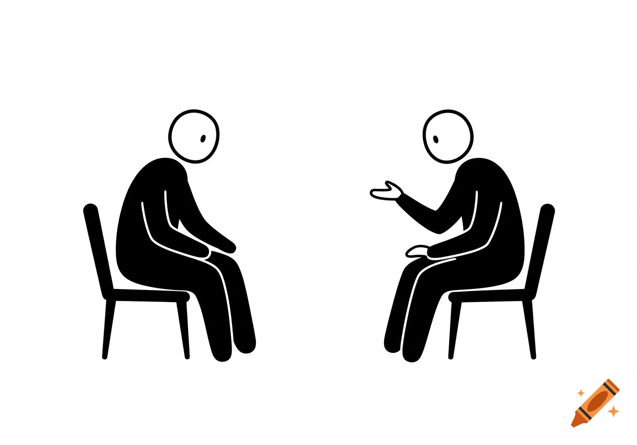 Two simple black stick figures sit on chairs facing each other on a white background.