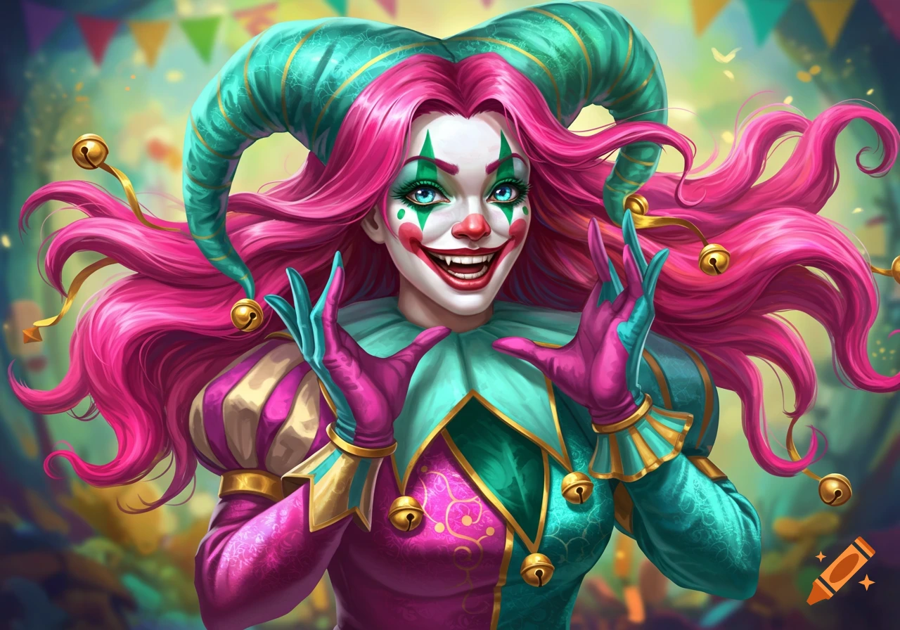 Colorful jester character with exaggerated makeup and costume