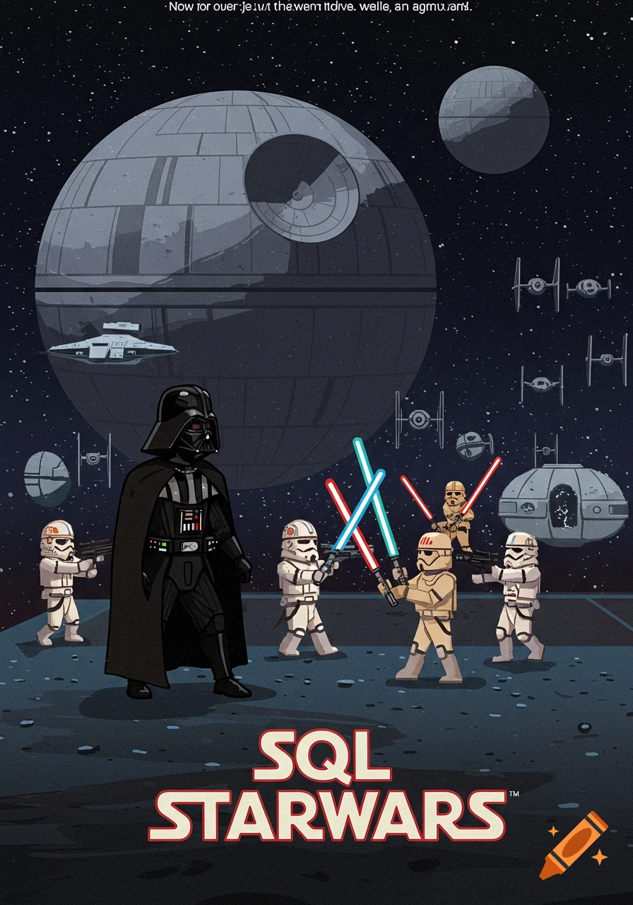 Cartoon style image of Star Wars characters including Darth Vader and Stormtroopers with a Death Star background and \"SQL STARWARS\" logo.