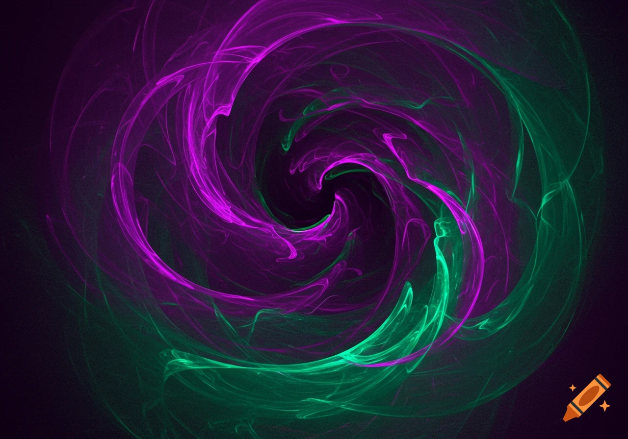 An abstract swirl of glowing purple and green light on a dark background.