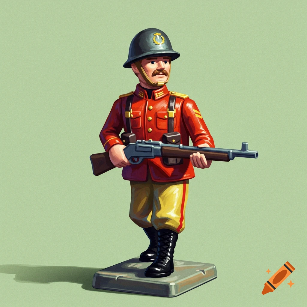 An illustration of a vintage toy soldier in a red uniform and helmet, standing on a grey base and holding a rifle.