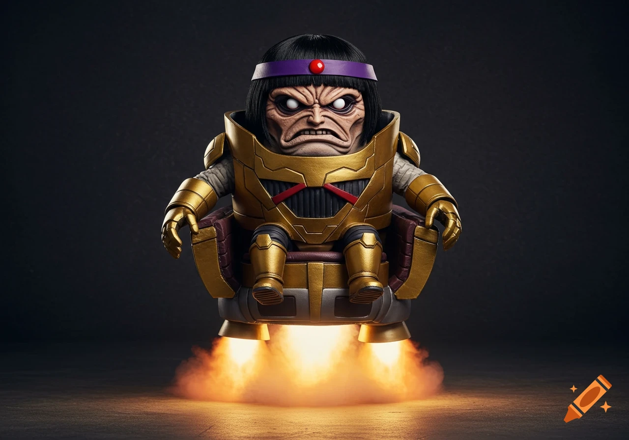 M.O.D.O.K. in a golden flying hoverchair with jet exhaust, realistic style.
