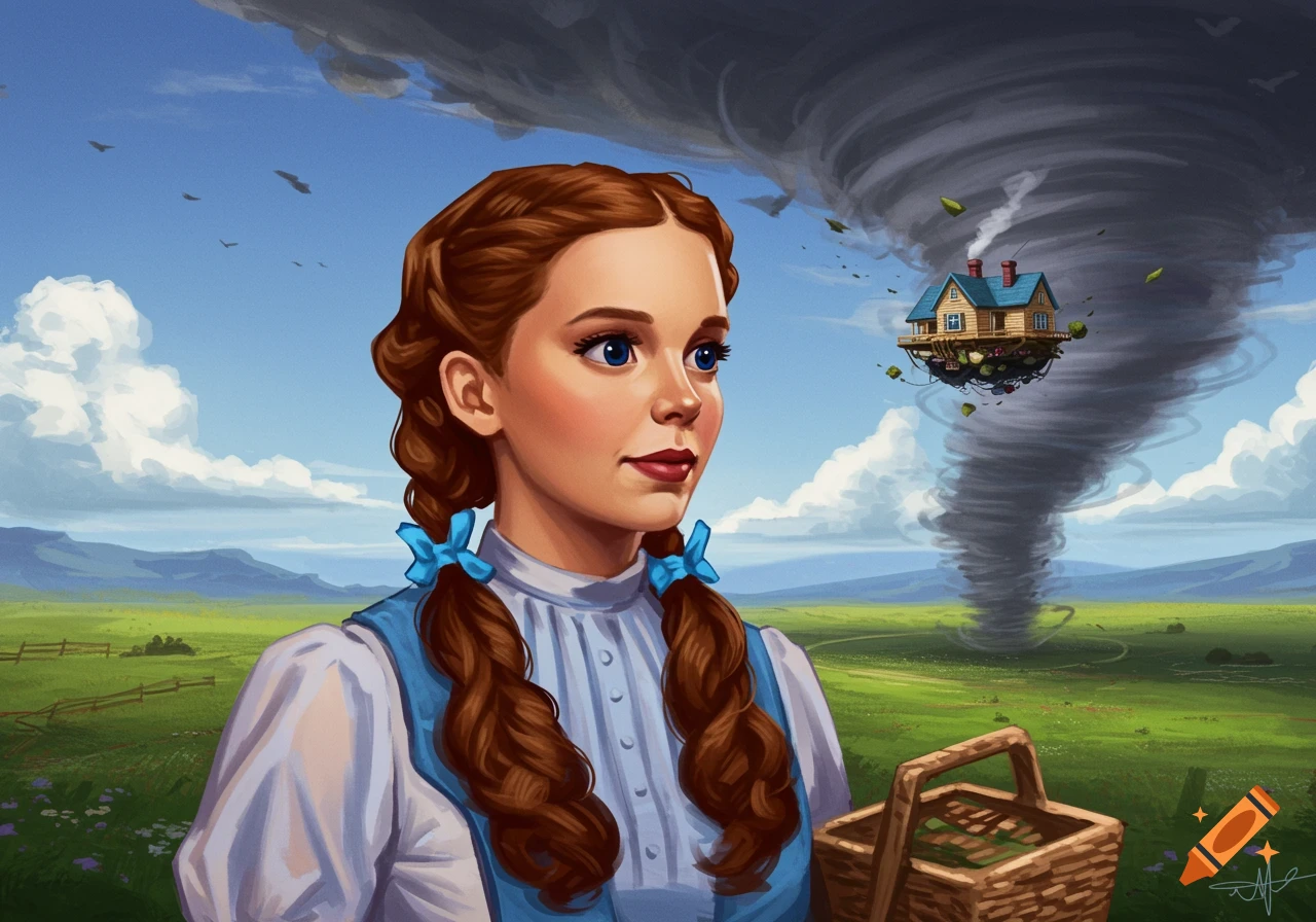 A girl watches as a tornado lifts her house into the sky over a green field.
