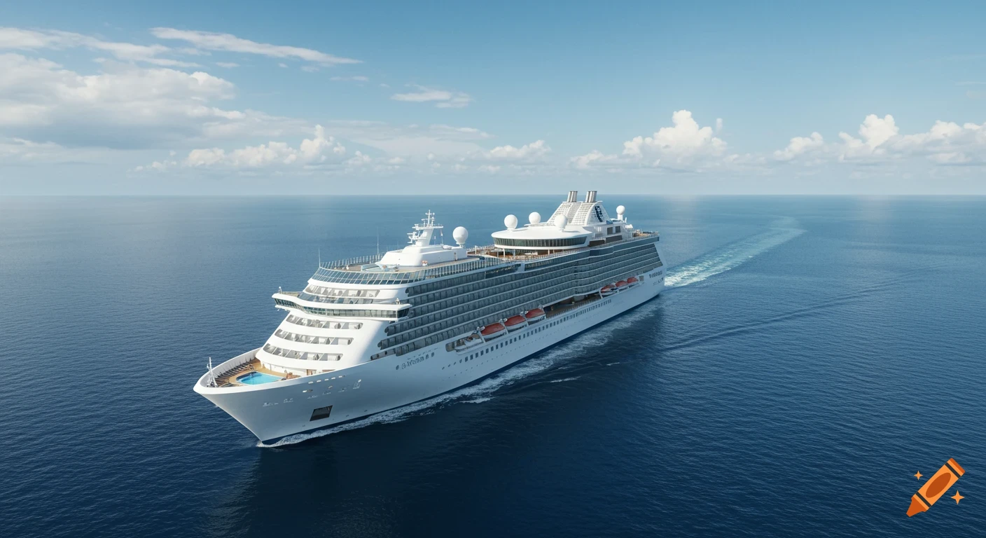 A large white cruise ship sails on the blue ocean under a cloudy sky
