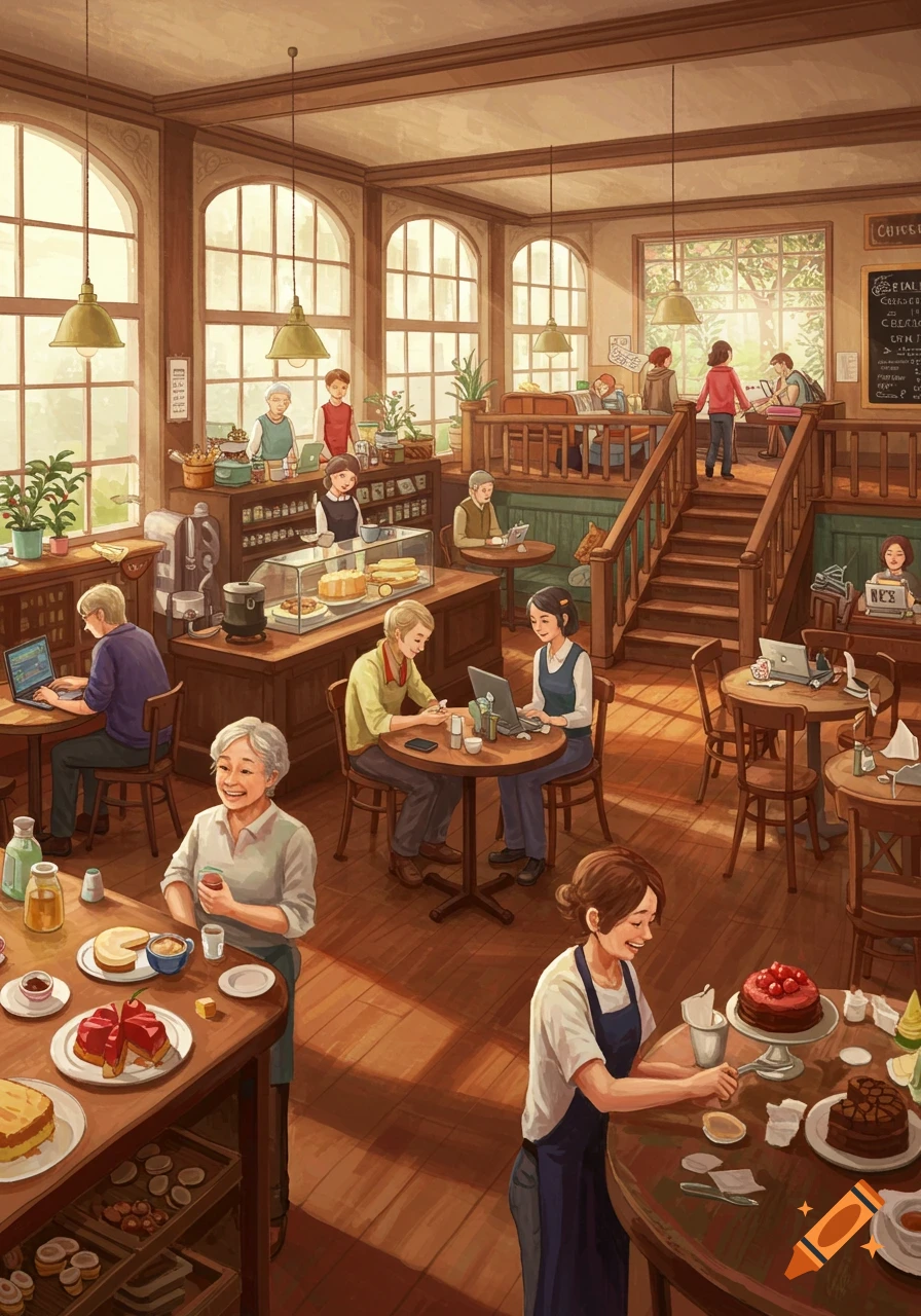 Illustration of a busy cafe interior with many people working on laptops, talking, and socializing. Warm lighting and detailed scene.