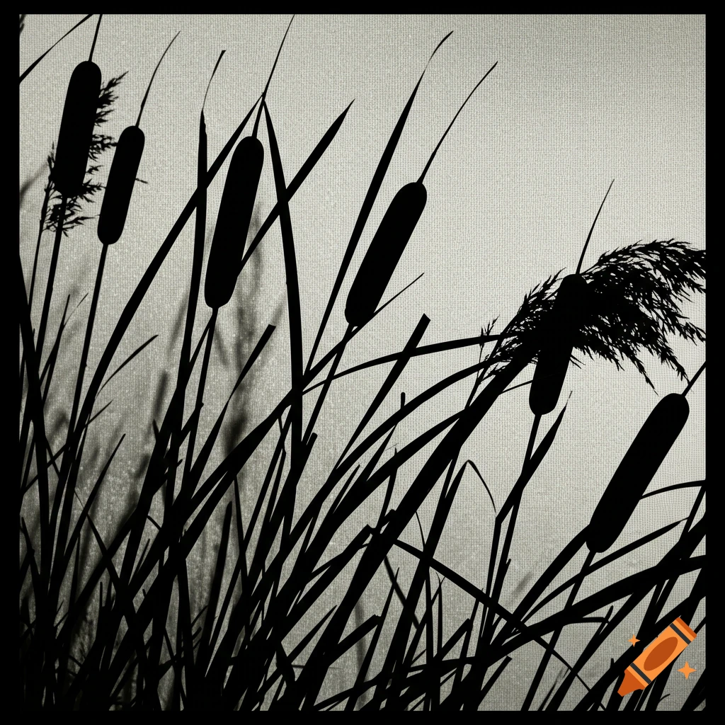 High contrast black silhouette of cattails and reeds against a textured background.