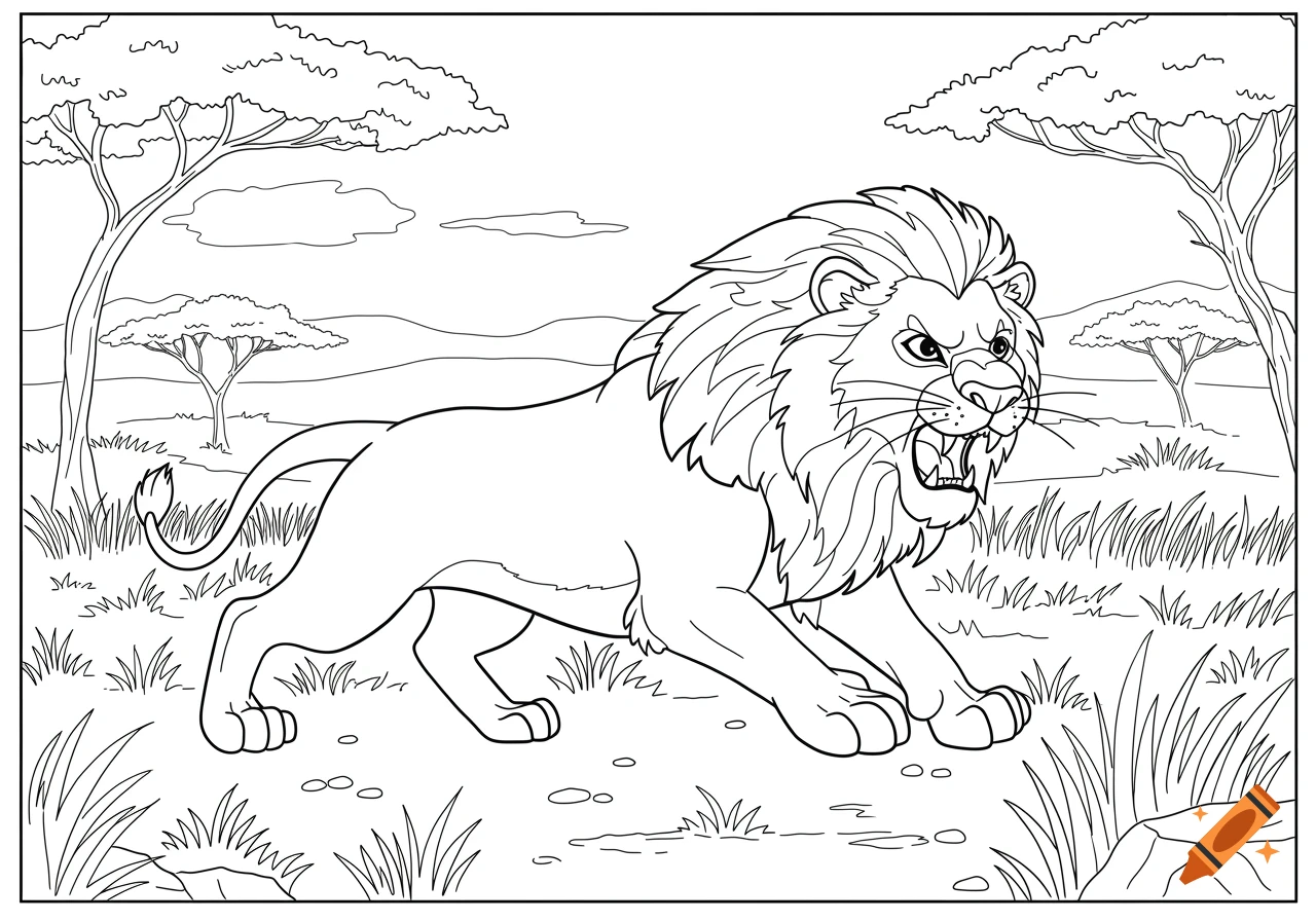 Black and white coloring page of a roaring lion in an African savanna.