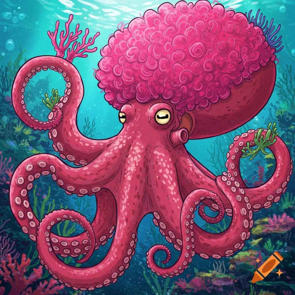 A pink cartoon octopus with large pink curly hair floats in the ocean among coral.
