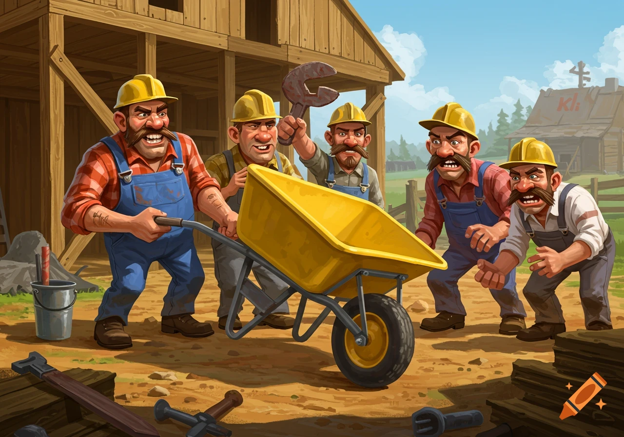 Cartoon construction workers push a yellow wheelbarrow at a job site.
