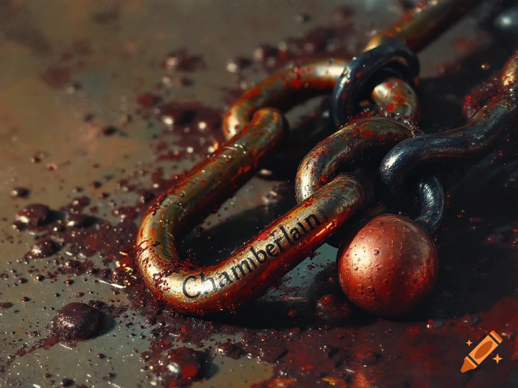 Close-up of bloody chain links and a ball, one link has 'Chamberlain' inscribed, on a blood-spattered surface, photorealistic.