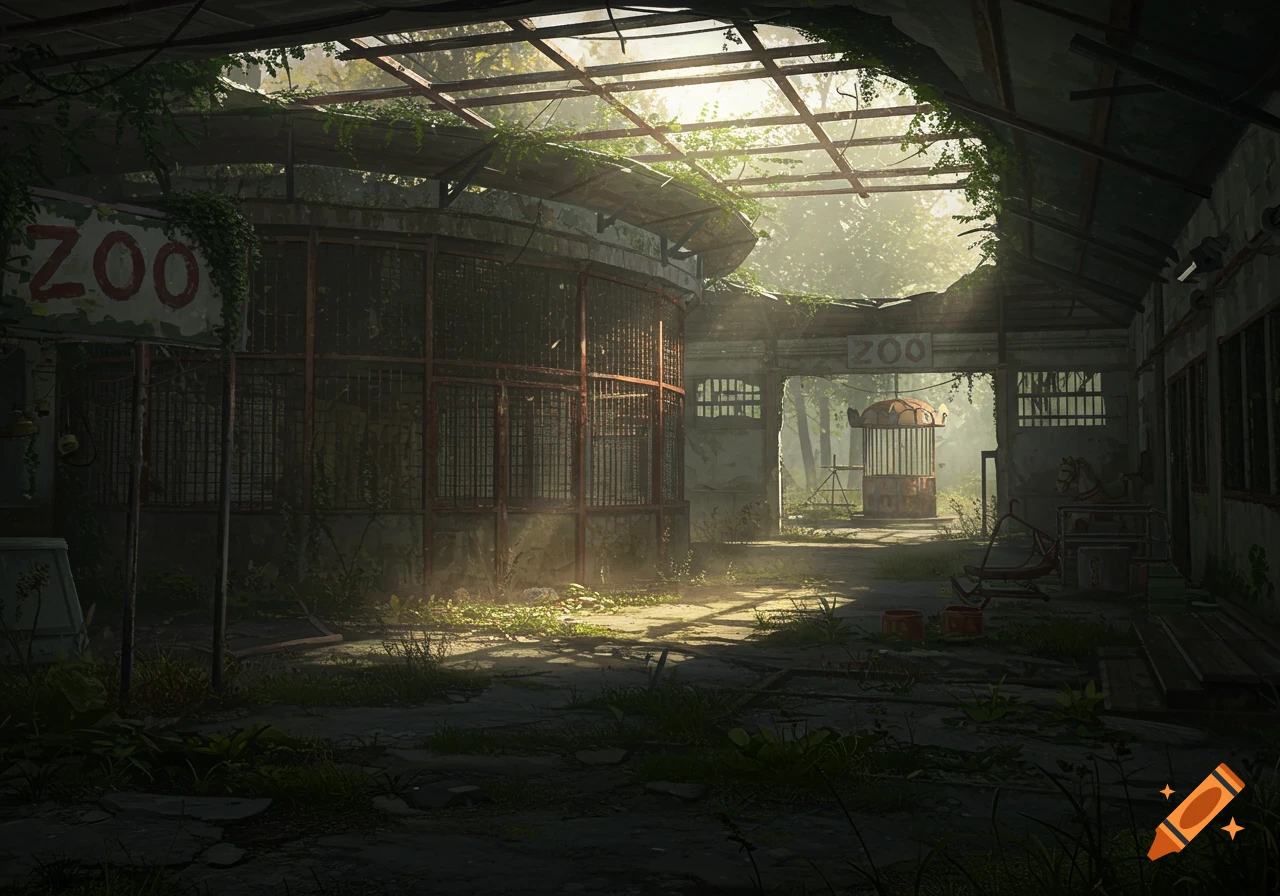 An abandoned zoo interior overgrown with plants, sunlight streaming through the roof, post-apocalyptic style digital painting.