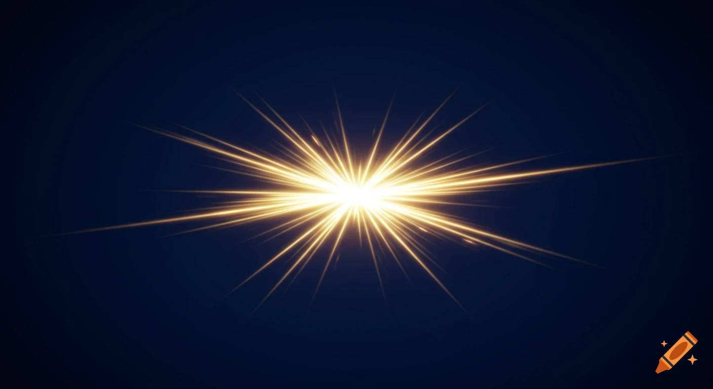 A bright starburst or light burst graphic on a dark blue background.