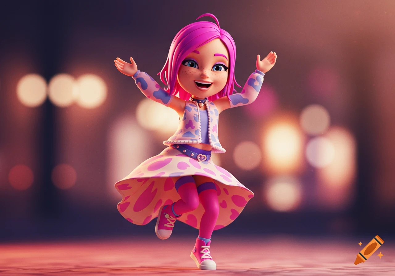 3D cartoon girl with pink hair dancing, wearing a pink and blue patterned outfit.