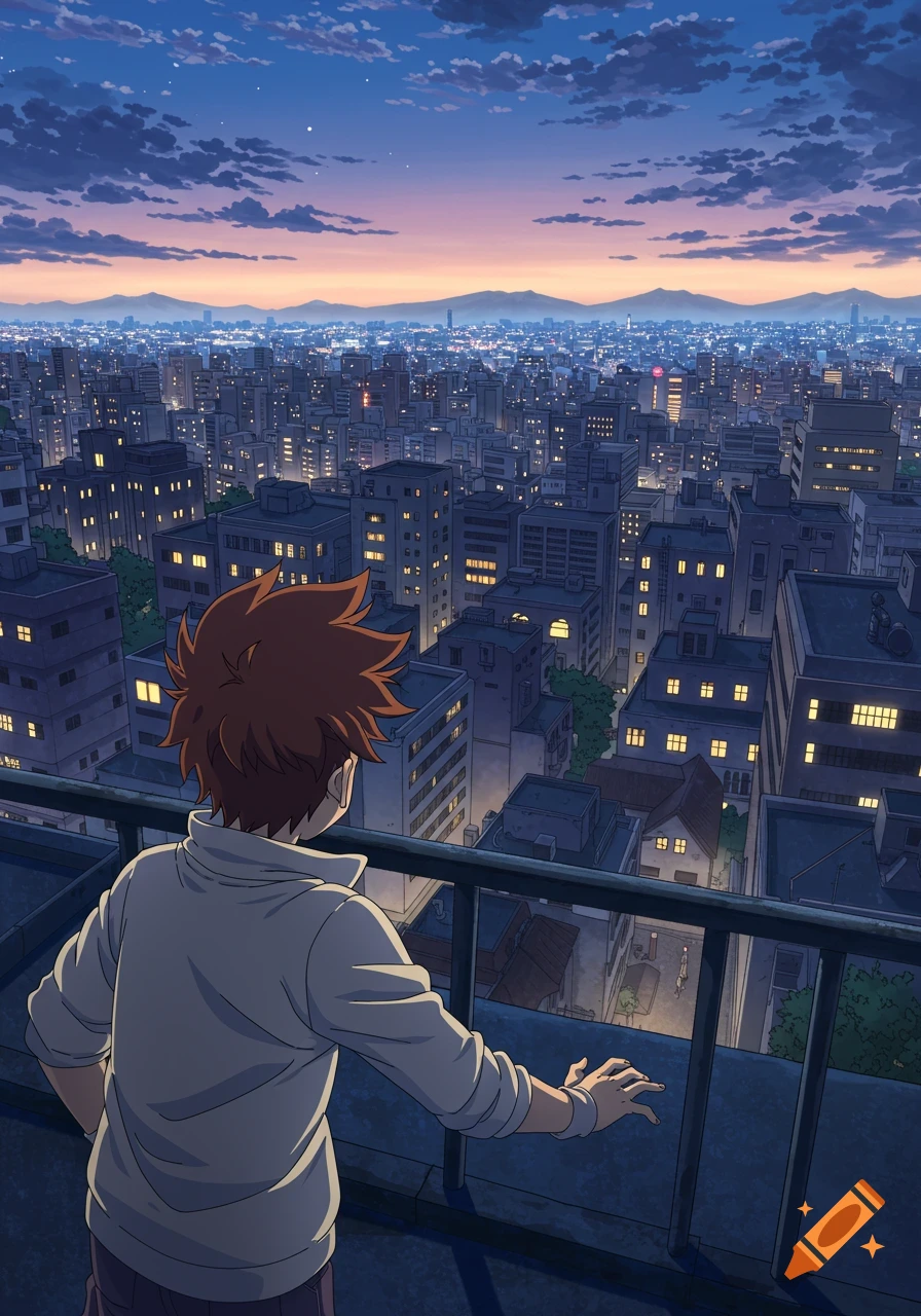 Anime scene of person on rooftop looking at city skyline at dusk