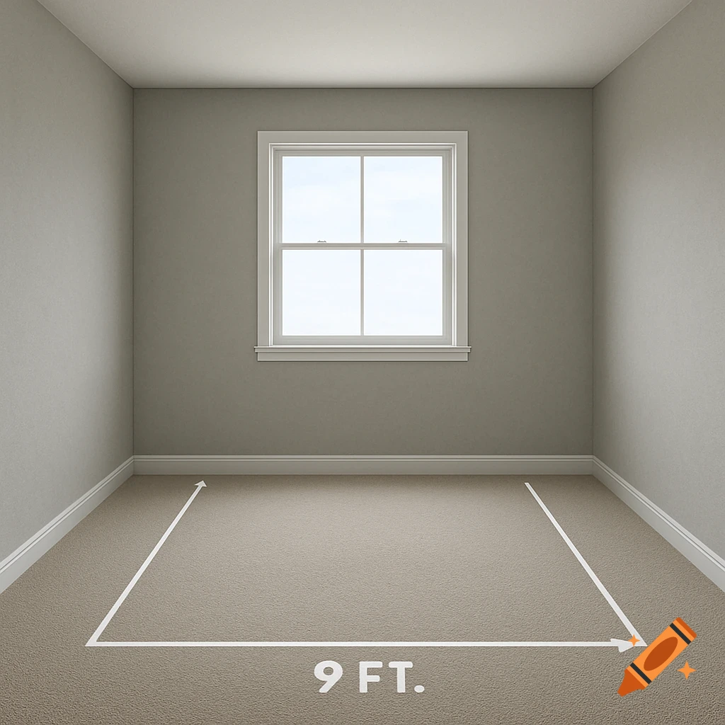 Empty room with a window and '9 FT.' measurement marked on the carpeted floor.