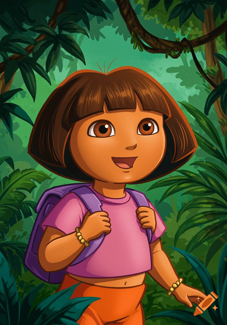 Cartoon illustration of Dora the Explorer in a jungle with a backpack.