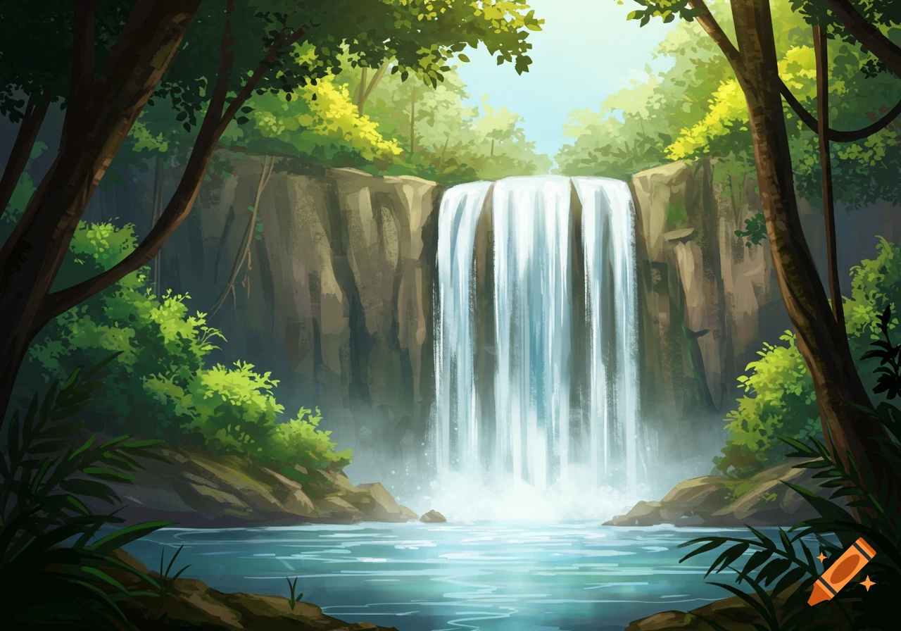 Illustration of a large waterfall flowing into a pool in a lush green forest