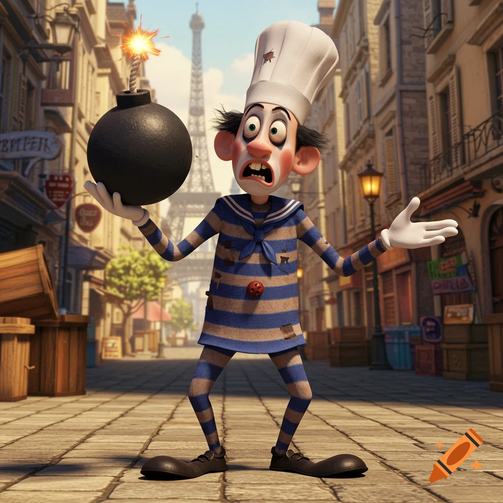 Cartoon character in chef hat and striped shirt holds bomb in Parisian street with Eiffel Tower.
