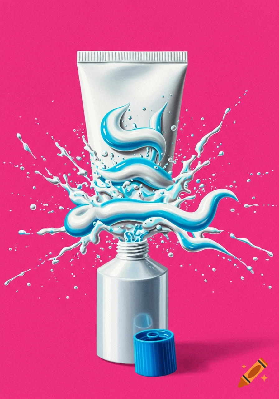Toothpaste squirting from tube on pink background with splash effect.