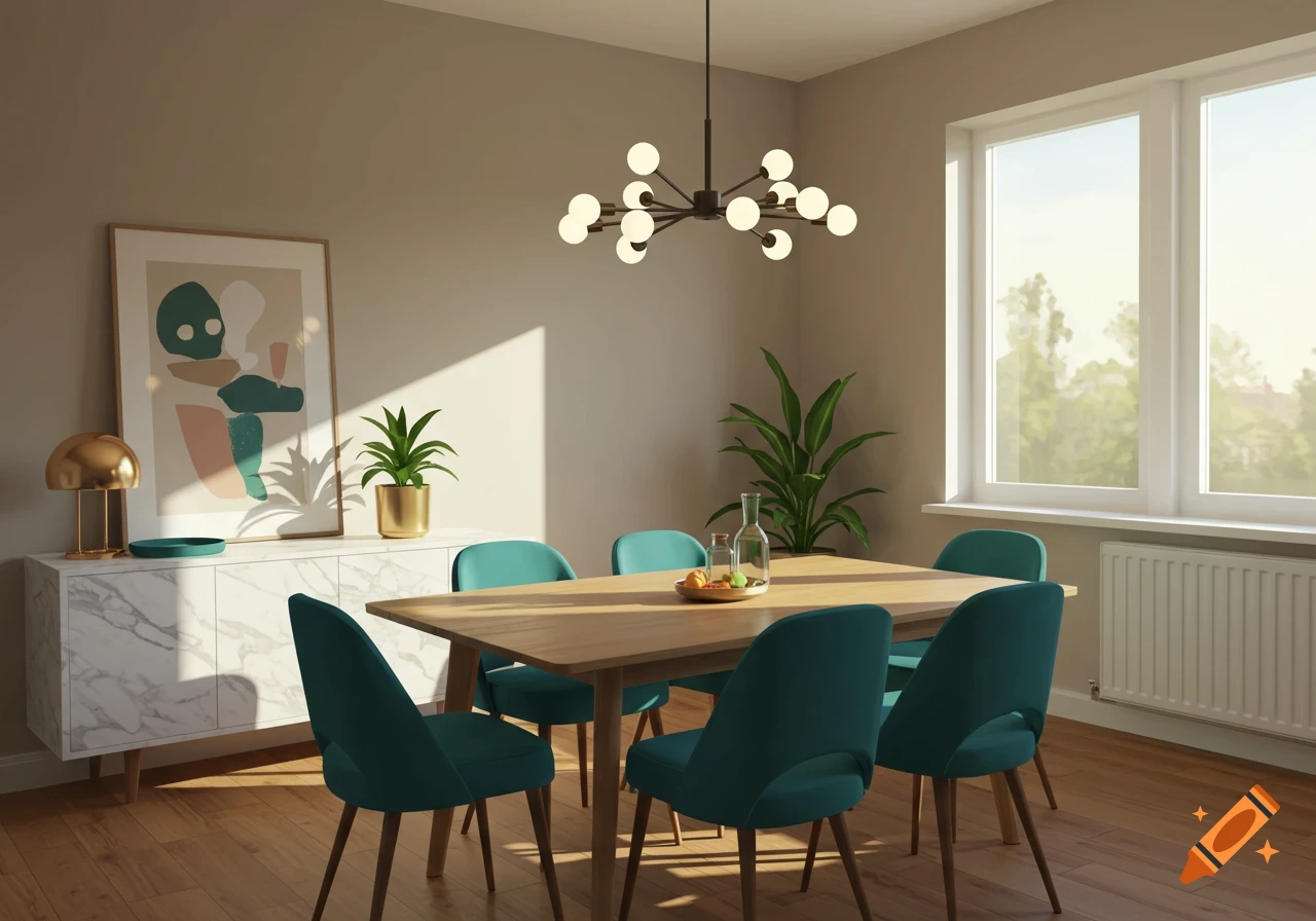 A modern dining room with a wooden table, teal chairs, a sputnik chandelier, and a marble buffet in sunlight.