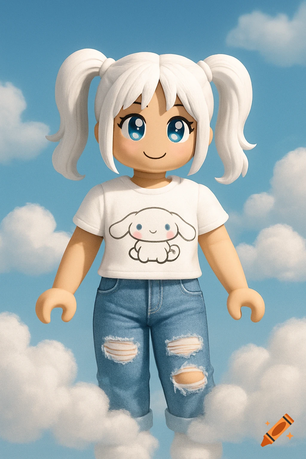 A Roblox-style avatar with white pigtails, blue anime eyes, Cinnamoroll t-shirt, and ripped jeans stands in clouds.