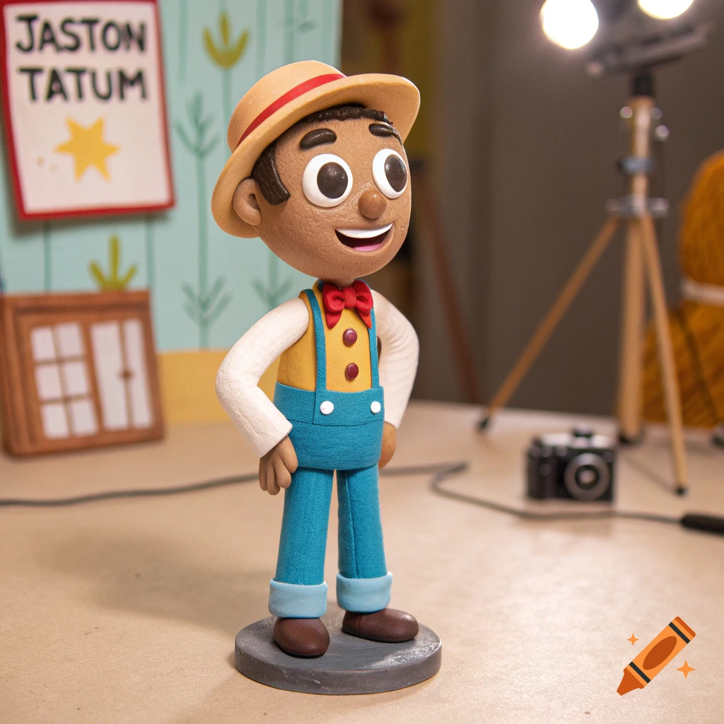 Claymation figure of Jaston Tatum in a studio