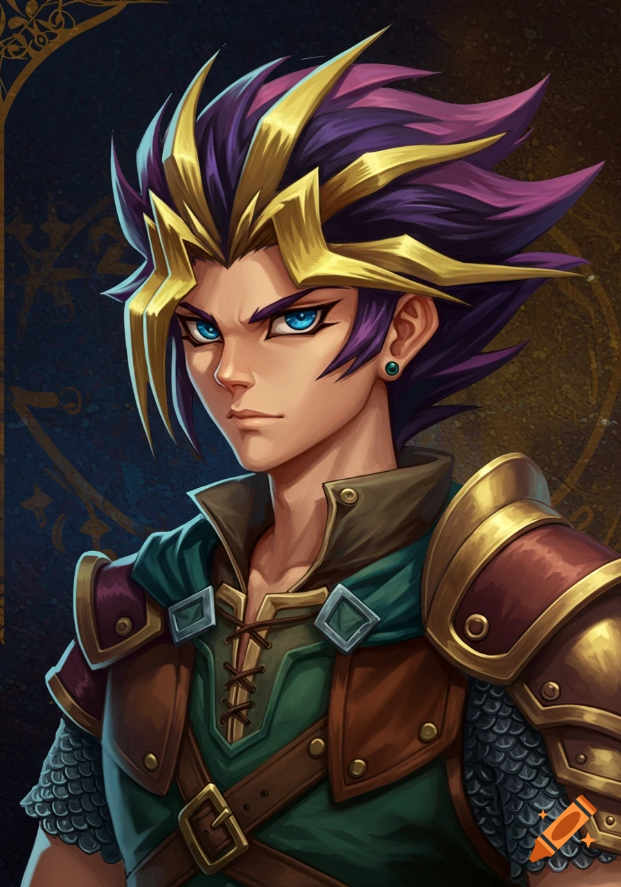 Portrait of an anime-style character with spiky purple and gold hair, wearing medieval fantasy armor and clothing.