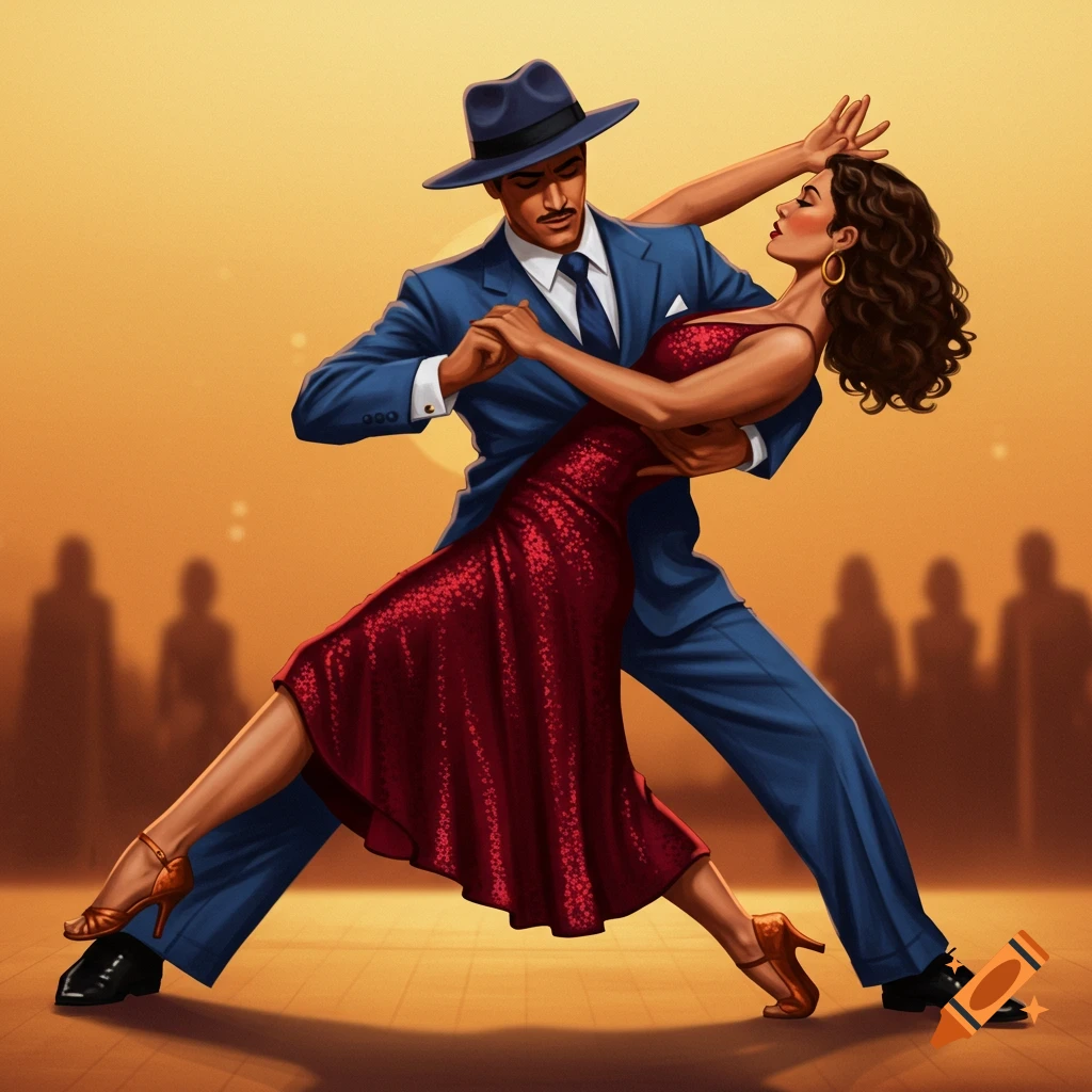 An illustration of a man in a blue suit and hat dancing with a woman in a red dress.
