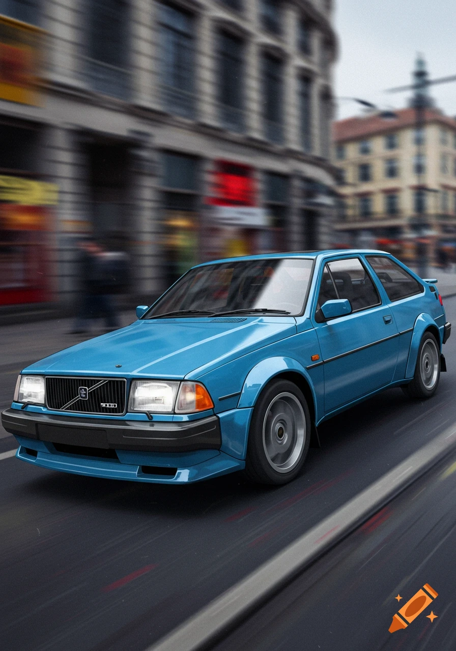 A blue vintage Volvo 480 coupe drives down a blurry city street.