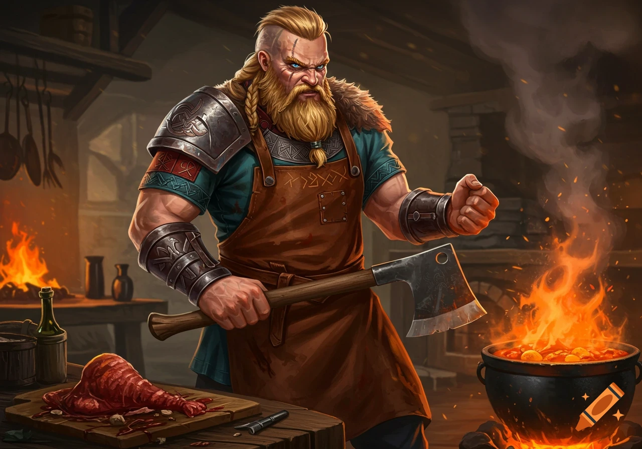 Illustrative portrait of a muscular Viking chef holding a cleaver in a rustic kitchen with meat and a boiling pot.