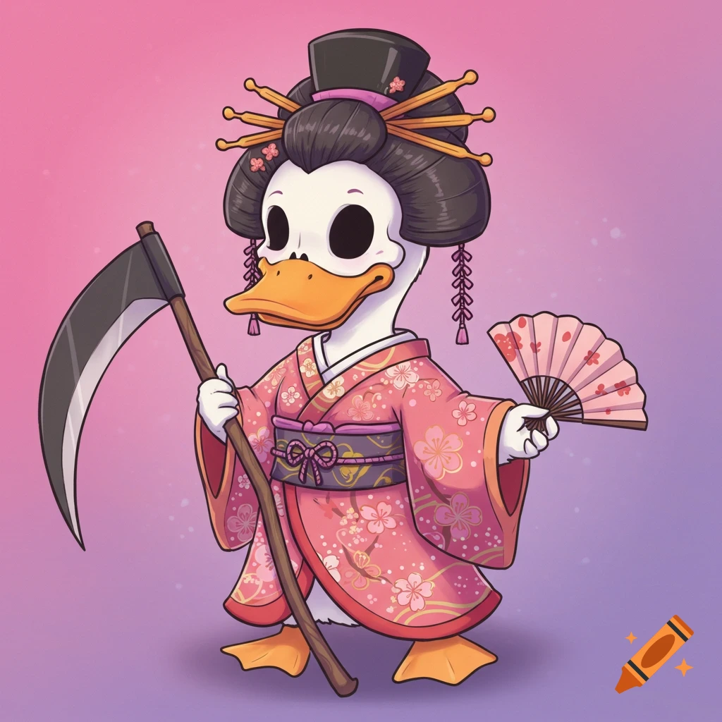 A cartoon duck dressed as a geisha reaper holds a scythe and a fan against a pink background.
