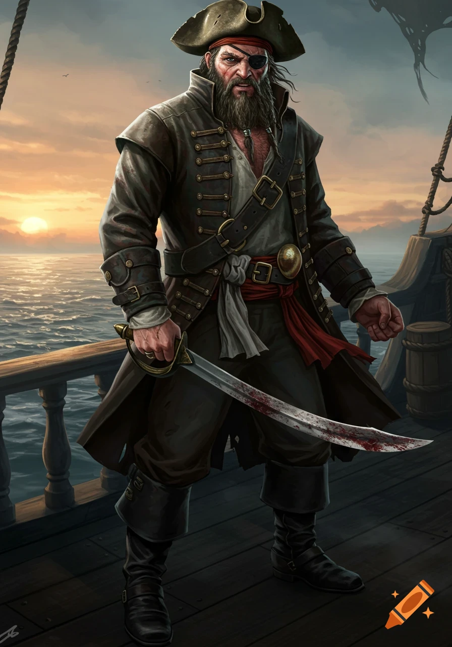 A pirate stands on a ship deck at sunset, holding a bloody cutlass. on ...