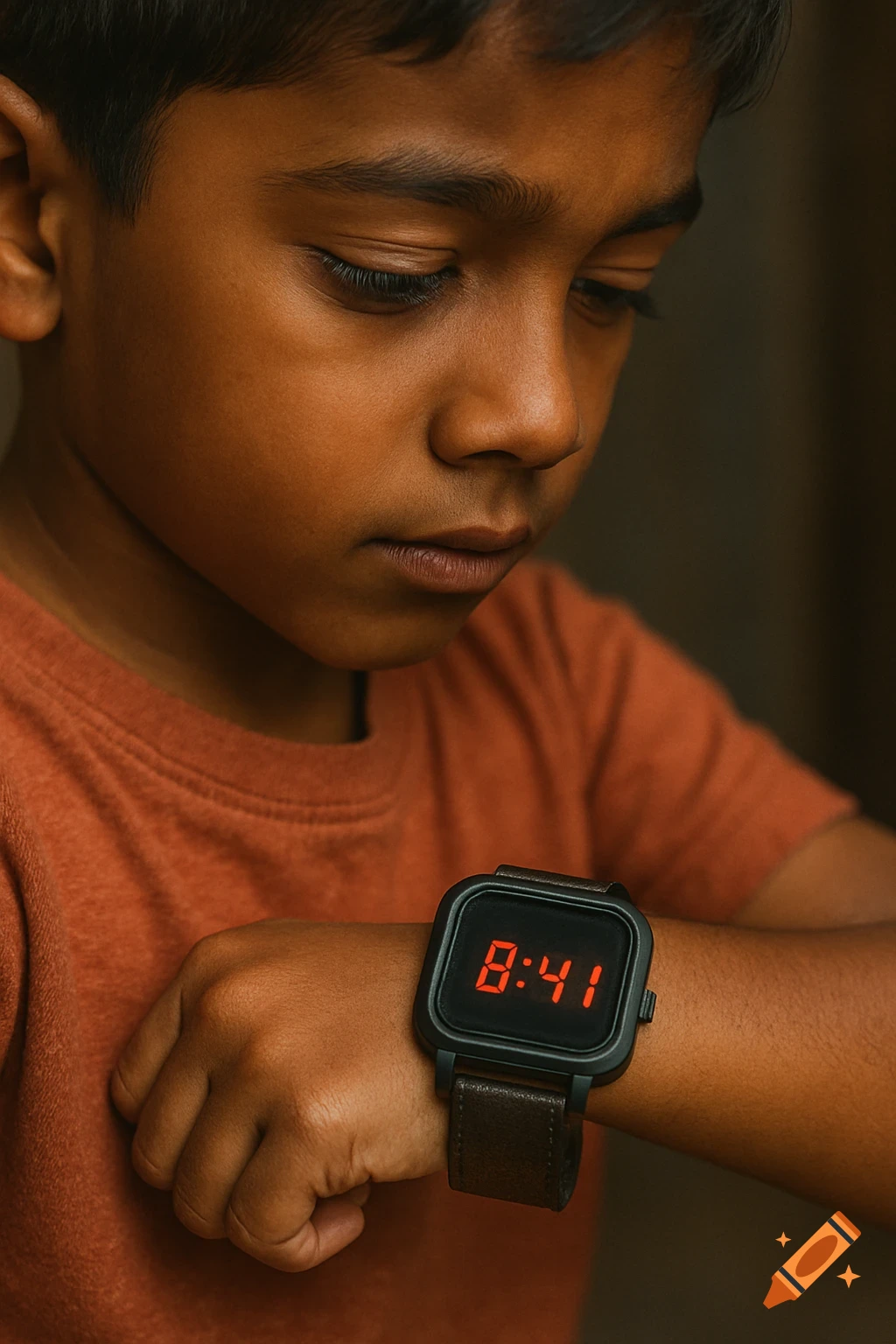 Close-up of an Indian boy looking at a digital watch on his wrist displaying 8:41.