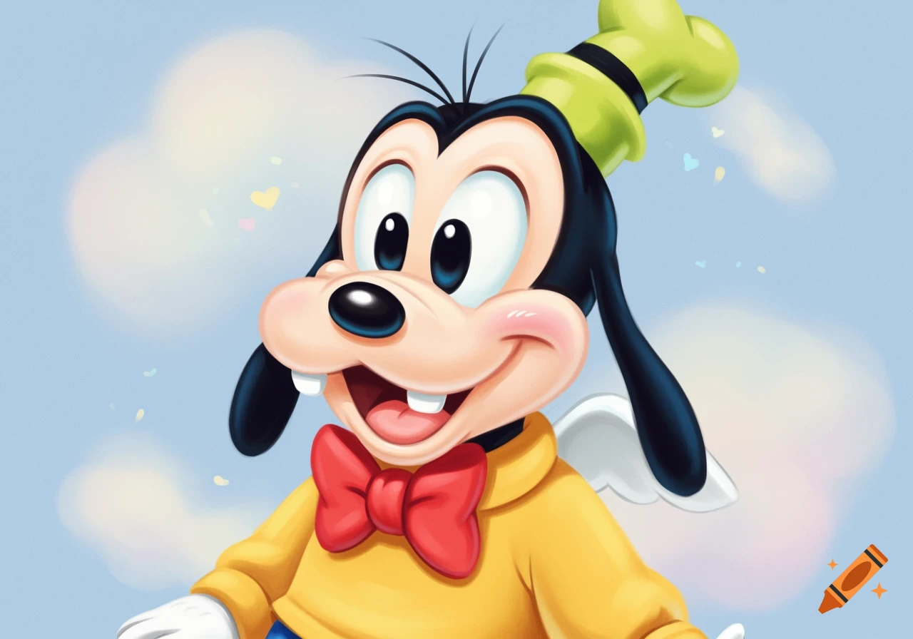 Close-up portrait of the cartoon character Goofy smiling, wearing his hat,  yellow shirt, and red bow tie, against a blue background with clouds and  sparkles. on Craiyon, image size:1280x896
