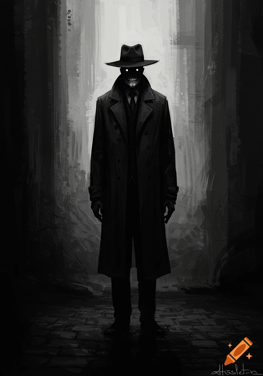 Skeletal figure in a fedora and trench coat standing in a dark alley, with glowing eyes.