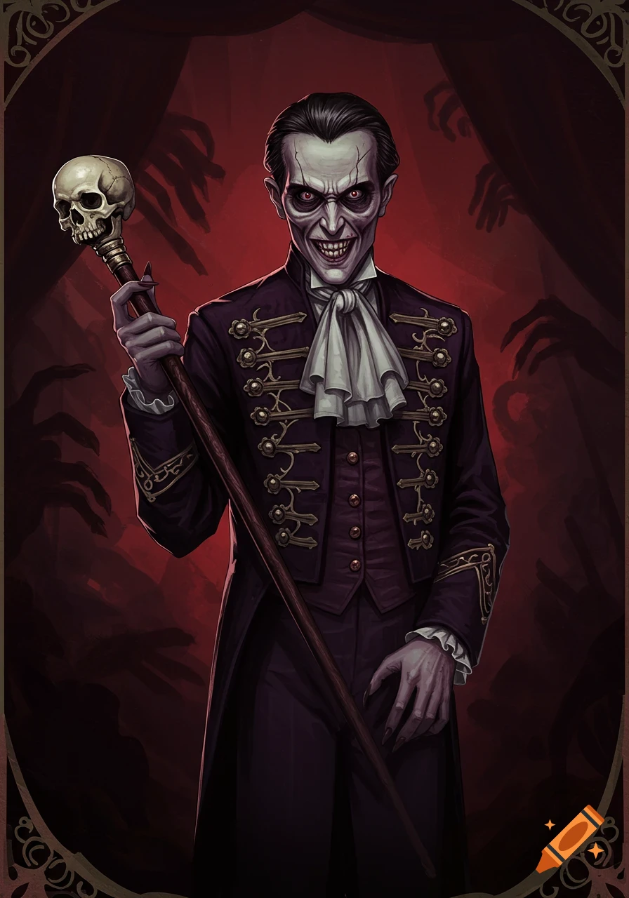 A grinning man with pale skin and sharp teeth in a dark circus master suit holds a skull staff.