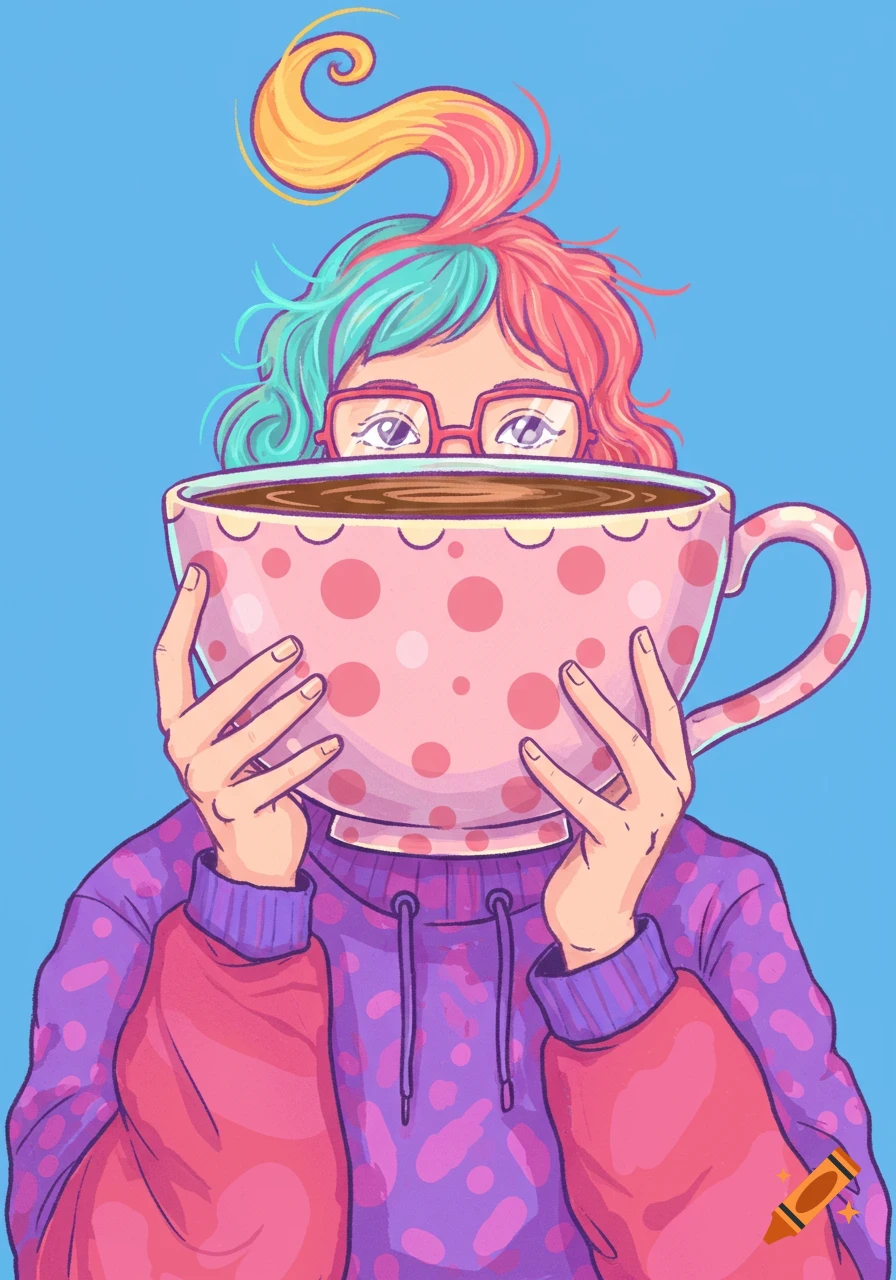 Colorful illustration of a person hiding face behind a large pink polka dot coffee cup