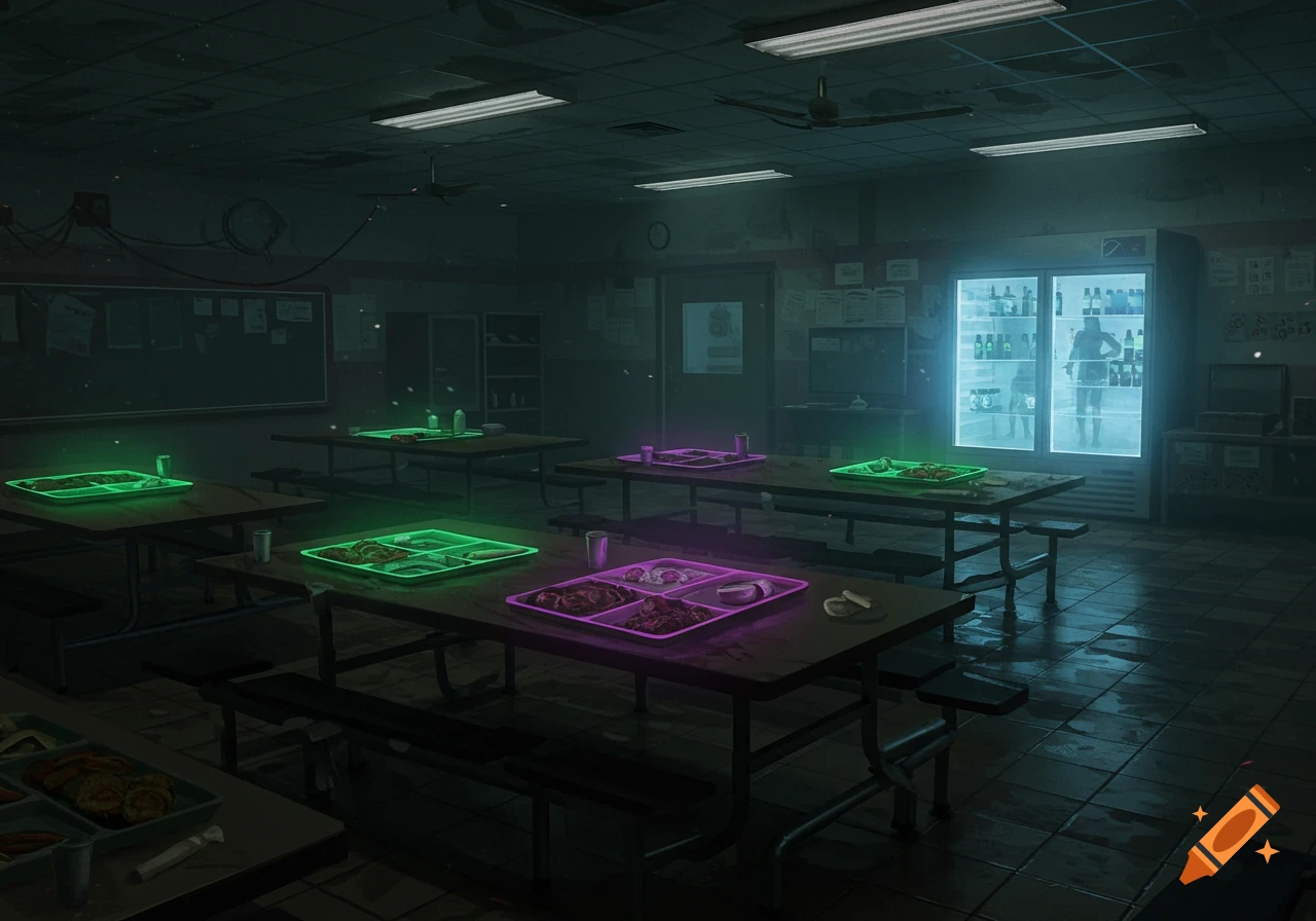 A spooky school cafeteria with glowing green and purple food trays and a mysterious freezer.