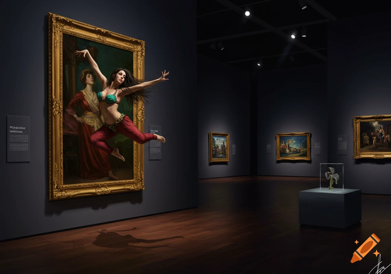 A female belly dancer jumps out of a painting onto the floor of an art museum at night.
