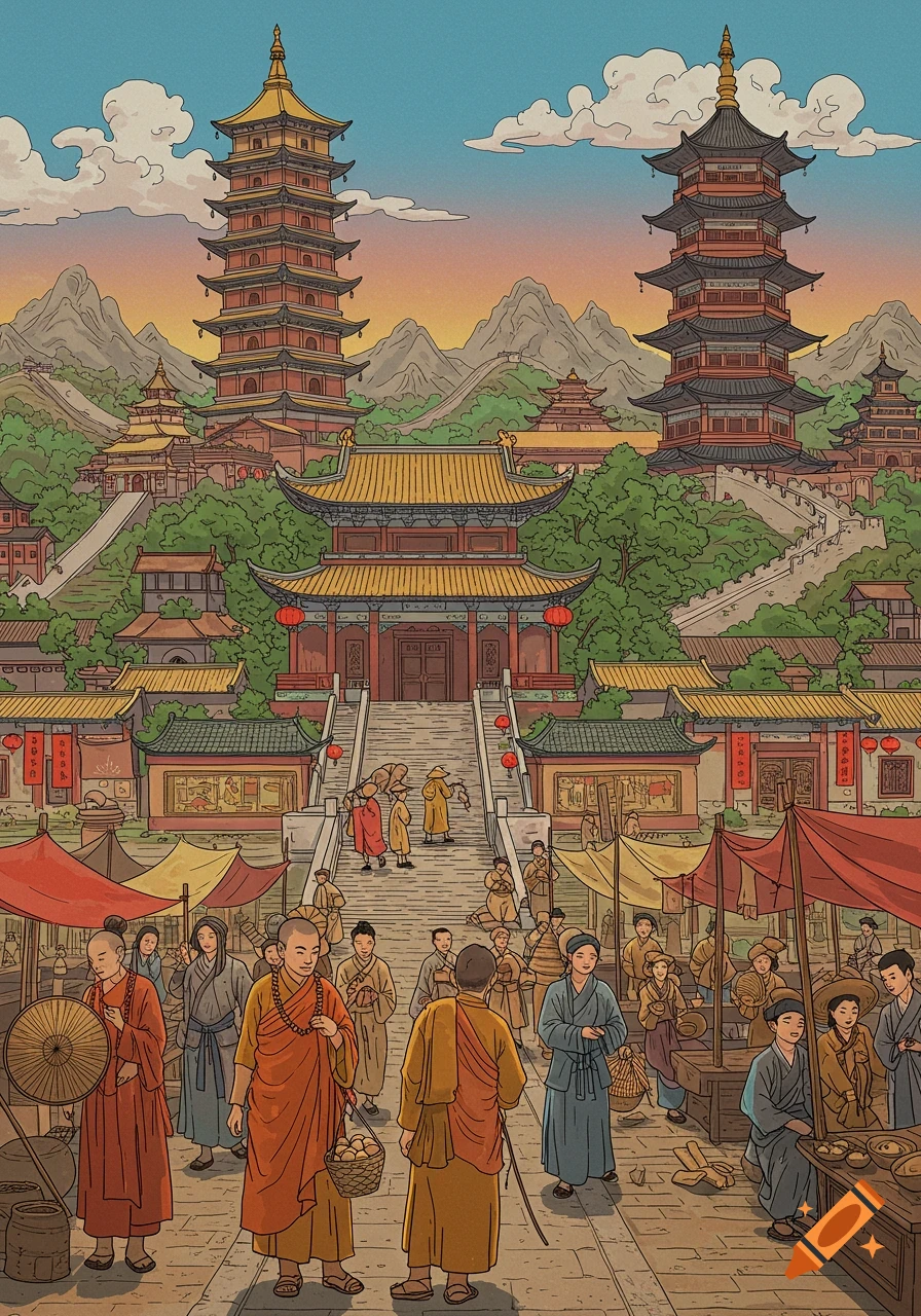 An illustration of a bustling ancient Chinese city with pagodas and a marketplace.